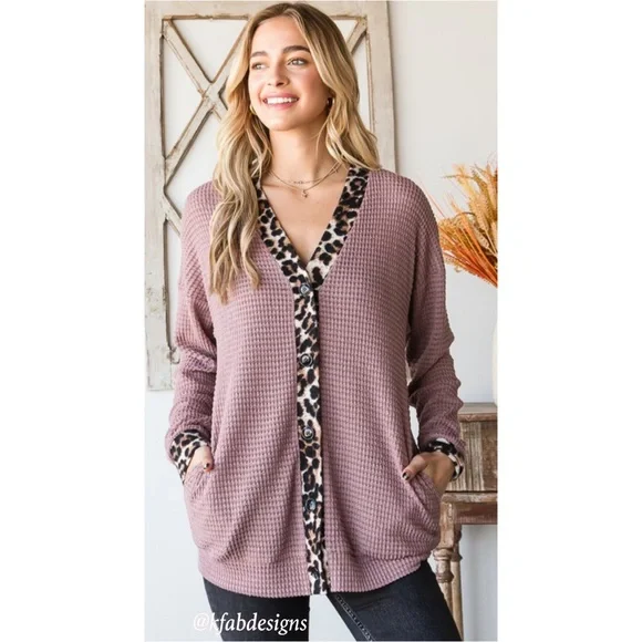 LAST 2! Animal Print Contrast Button Down Soft Waffle Knit Shacket w/Pockets! - Picture 3 of 7